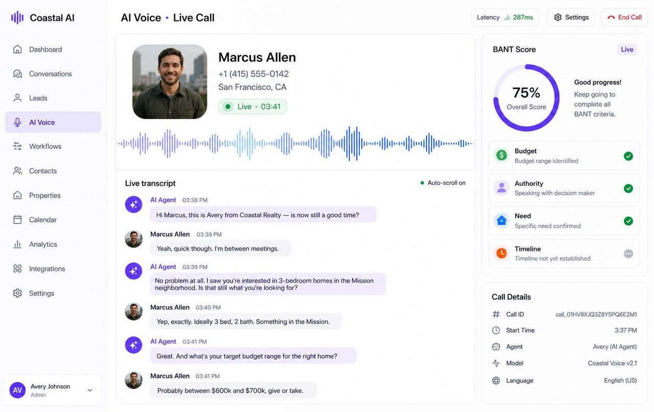 AdClosr AI Voice live-call interface with caller Marcus Allen, 287ms latency badge, animated audio waveform, and a live transcript of the qualification conversation with BANT criteria being checked off in real time.