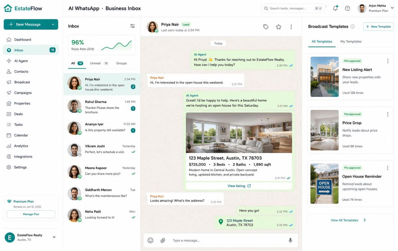 AdClosr AI WhatsApp Business inbox with an open-house conversation, an embedded rich-media listing card for 123 Maple Street, and a right-side broadcast templates panel with pre-approved messages.